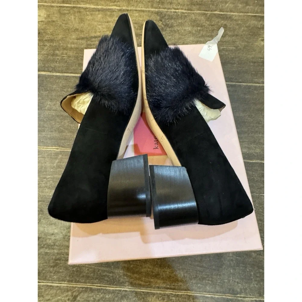 Kate Spade Gama loafers in‎ black suede with a faux fur trim Block Heel Size 8.5